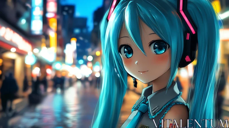 Blue-Haired Anime Girl in Cityscape AI Image