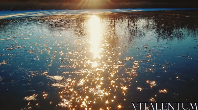 Golden Sunset on Icy Lake AI Image