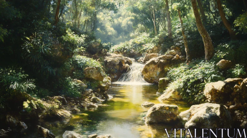 AI ART Tranquil Forest Stream with Cascading Waterfall