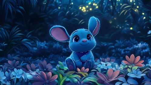 Whimsical Blue Bunny in Night Garden