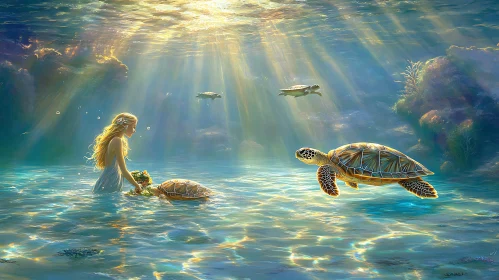 Oceanic Harmony: Woman and Sea Turtles