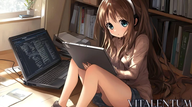 Coding Anime Girl in Home Study Space AI Image