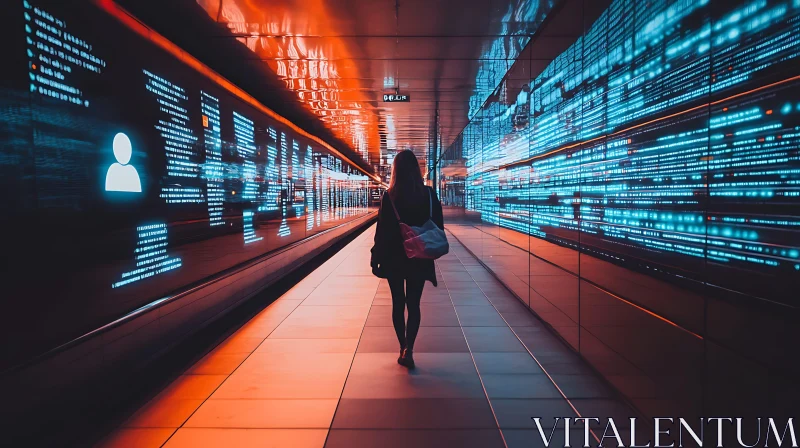 Woman in Neon Data Corridor AI Image