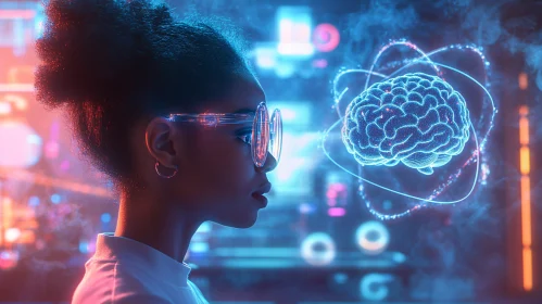 Woman with VR glasses looking at holographic brain
