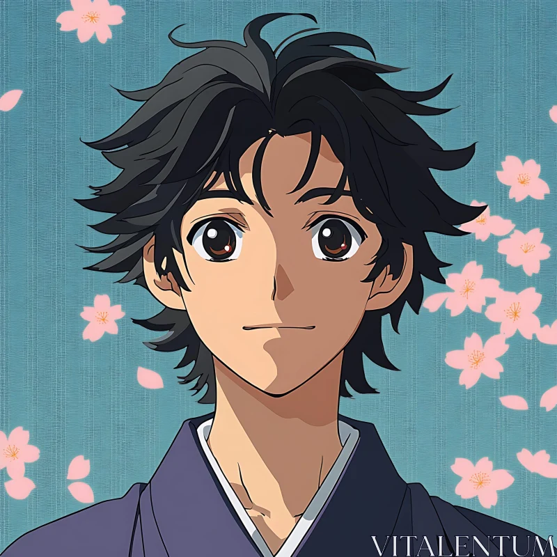 Traditional Anime Character with Blossoms AI Image