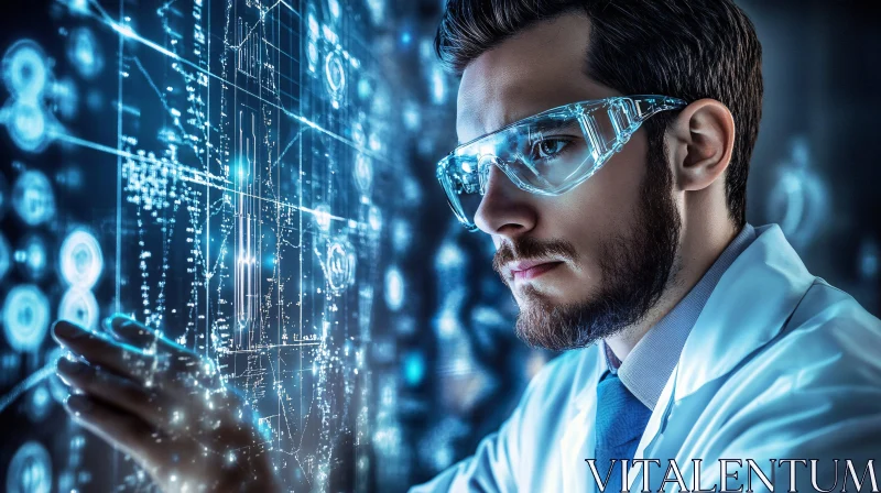 AI ART Man in Lab Coat Analyzing Data Screen