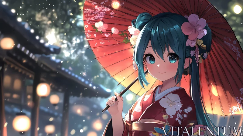 Enchanting Anime Girl in Kimono with Red Umbrella at Night AI Image