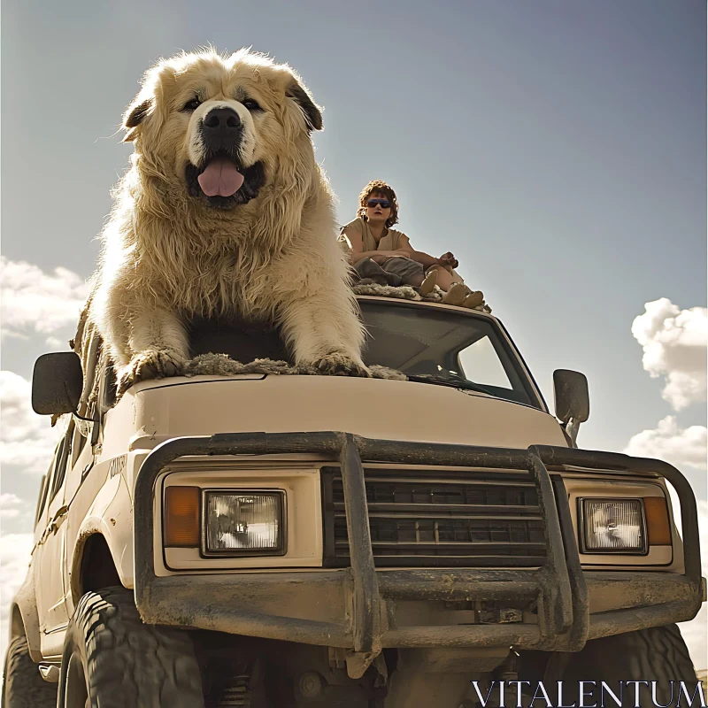 Fluffy Dog and Human Enjoying Adventure on Off-Road Vehicle AI Image