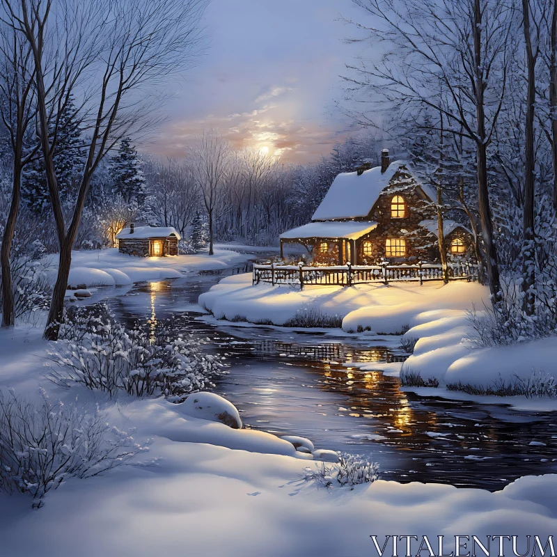 Snowy Cabin Retreat by the River AI Image