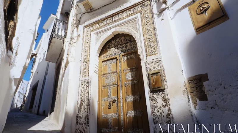 Historic Carved Door in a Sunlit Alley AI Image