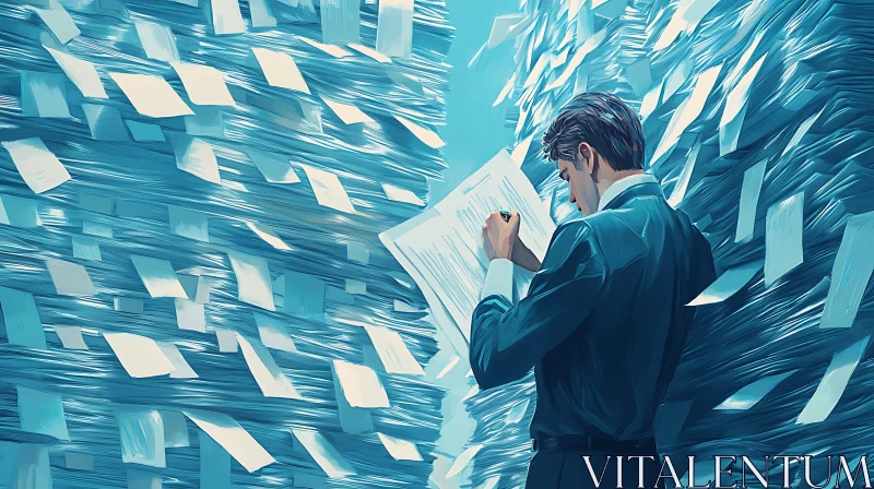 Man Amidst Paper Mountains AI Image