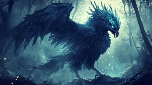 Dark Feathered Bird in Misty Woods