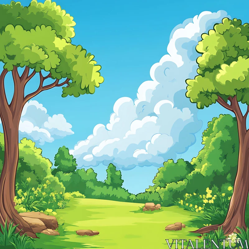 Serene Forest Landscape with Trees and Clouds AI Image