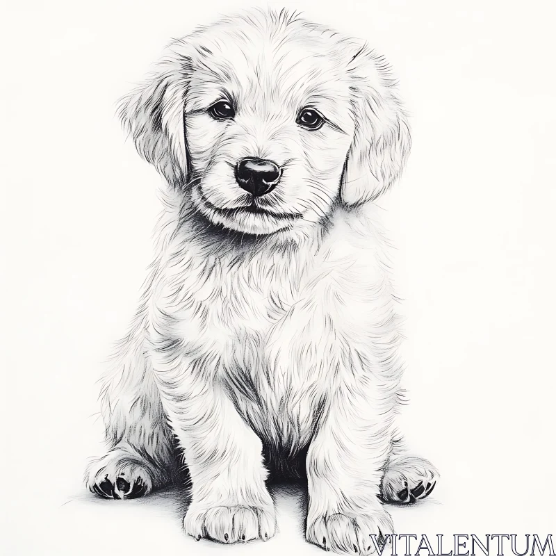 Cute Puppy Drawing - Fluffy Fur Black and White Sketch AI Image