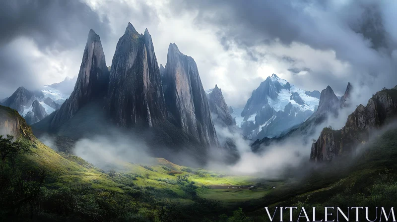 AI ART Serene Mountain Valley with Jagged Peaks