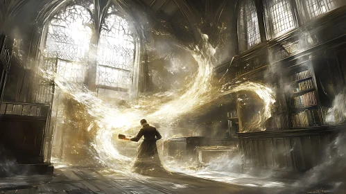 Magical Library Scene with Wizard