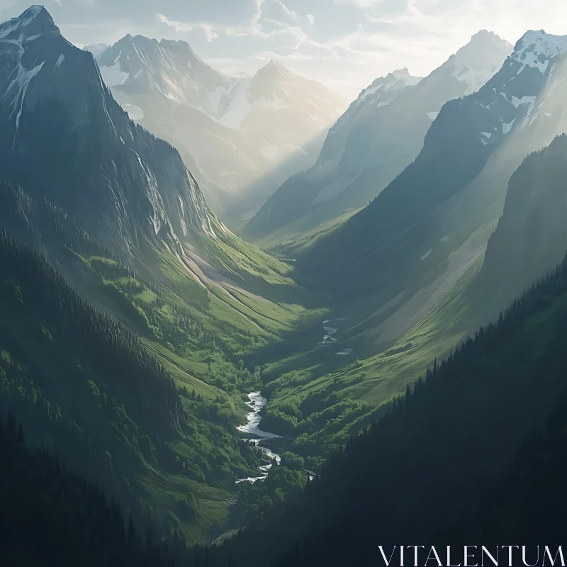 AI ART Verdant Valley Between Mountain Peaks