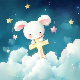 Cute Rabbit Holding Cross Among Stars