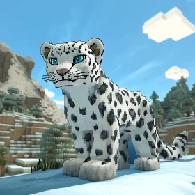 Blocky Snow Leopard in a Digital Landscape