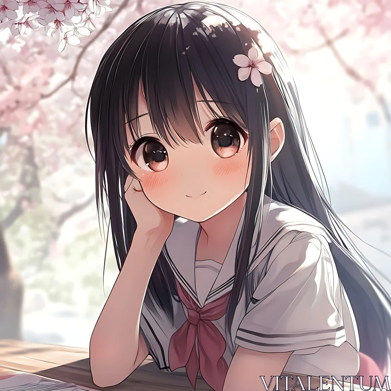 Cherry Blossom Schoolgirl in Anime Style AI Image