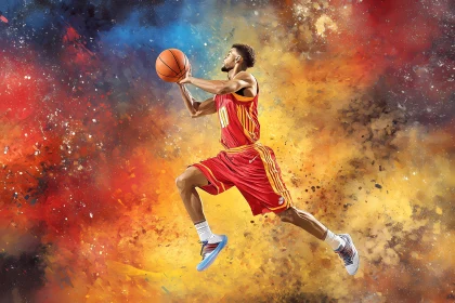 Basketball Player Performing a Dynamic Dunk in Sport Art AI Generated Image