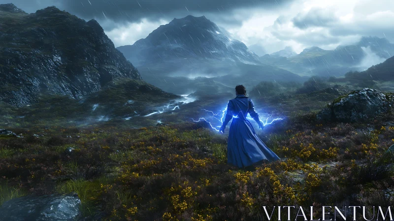 AI ART Woman with Lightning in Mountainous Terrain