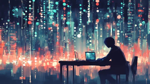 Cyberpunk Night Scene with Person at Desk
