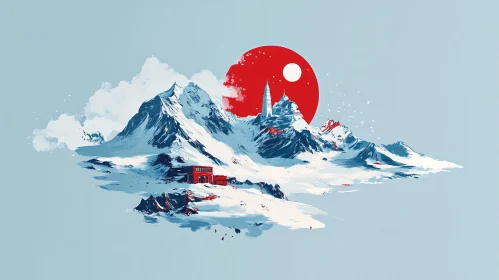 Winter Mountain Landscape with Red Sun