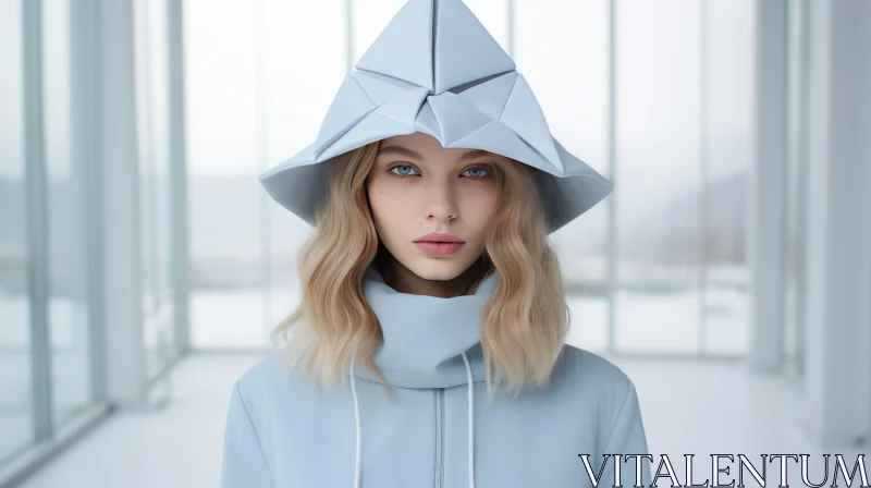 Beautiful Winter Girl with Origami Hat in Light Gray and Light Azure AI Image