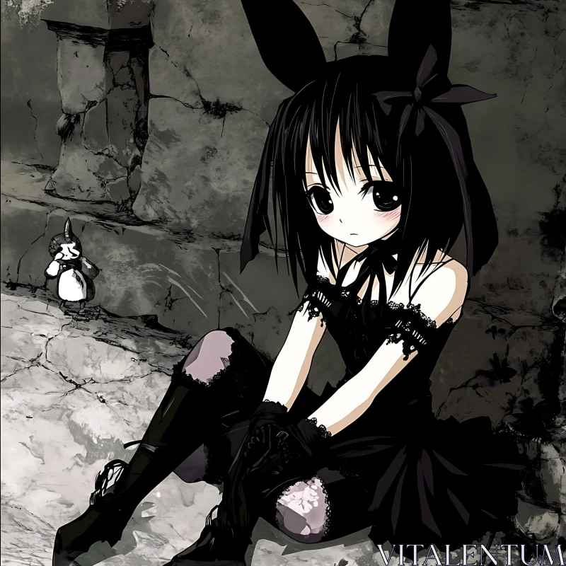 Melancholic Anime Girl in Black Dress AI Image