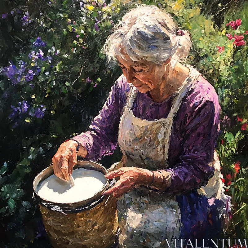 Elderly Woman Gardening Art AI Image