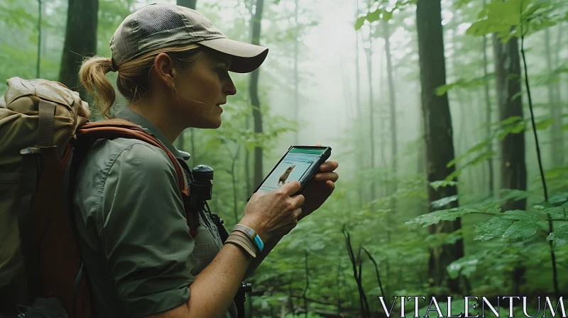 Forest Hiking Adventure with Modern Technology AI Image