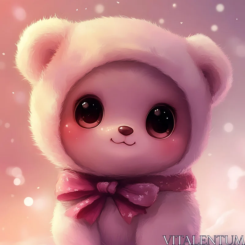 Charming Animated Baby Bear with Pink Bow AI Image