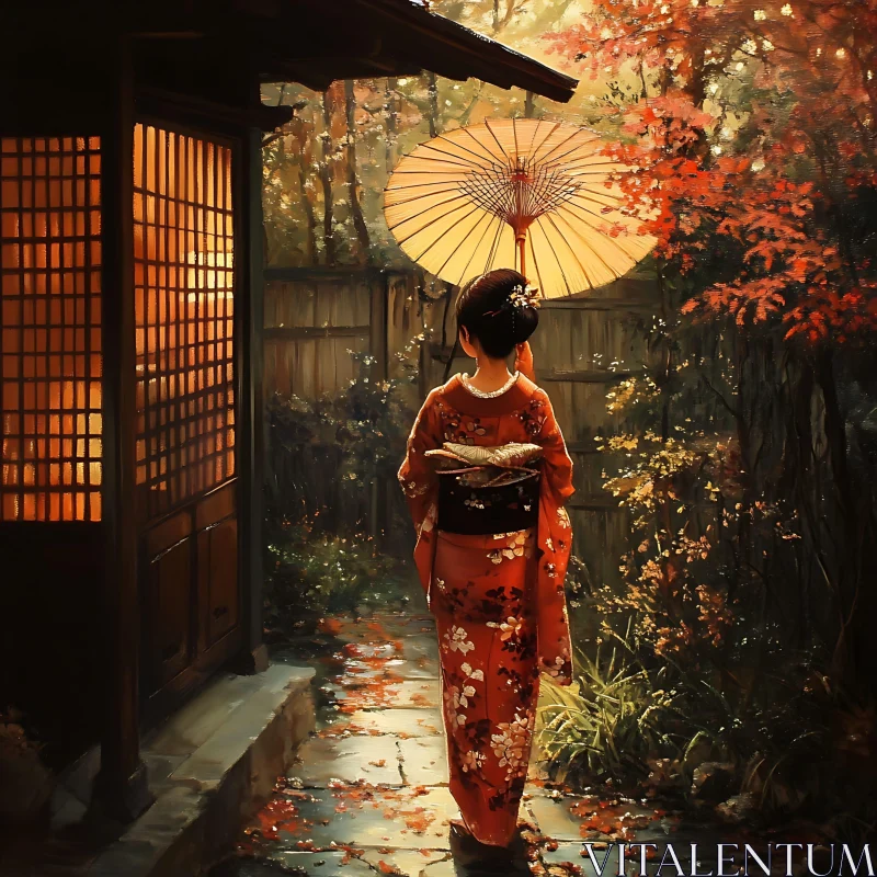 Autumn Serenity: Kimono-Clad Woman with Parasol AI Image