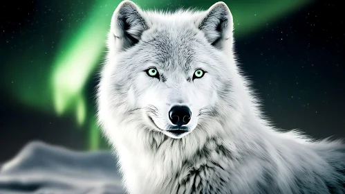 Arctic Wolf Portrait with Northern Lights