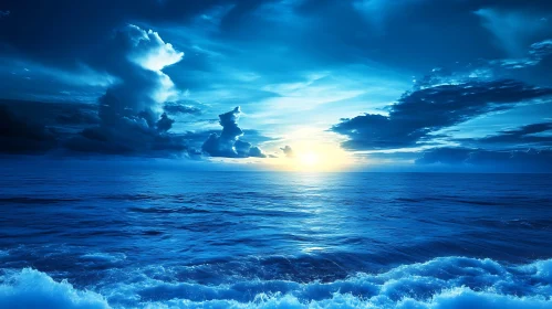 Calming Ocean Sunset with Blue Waves