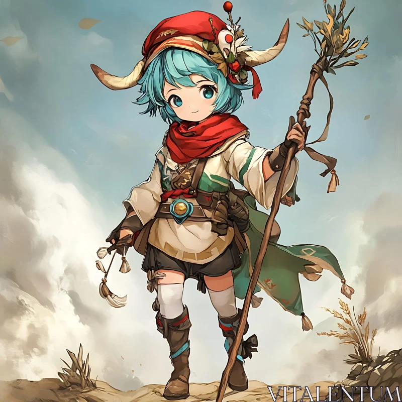 Whimsical Anime Character with Staff AI Image