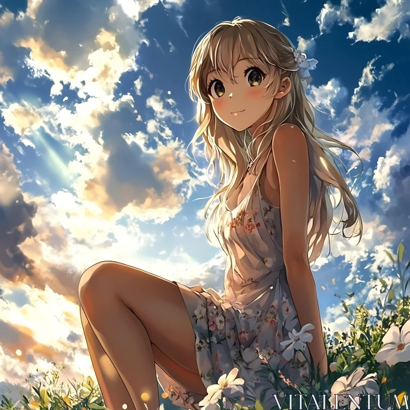 Anime Girl Sitting in a Flower Field Under a Blue Sky AI Image