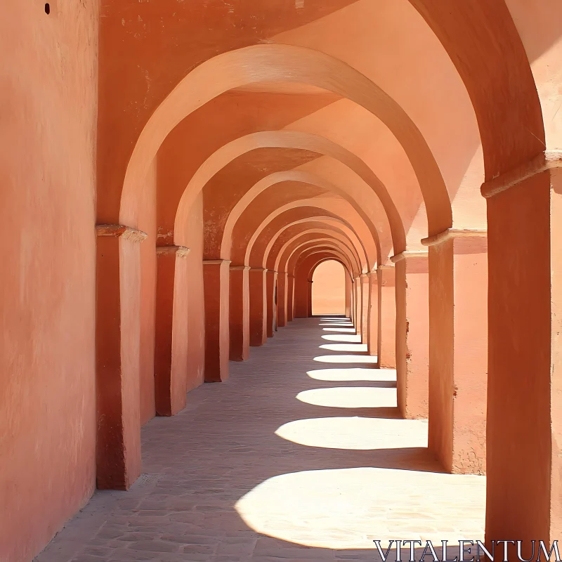 Beautiful Corridor with Rhythmic Arches and Shadows AI Image