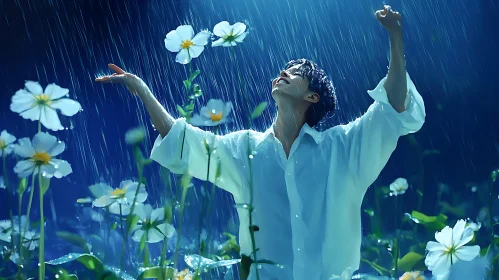 Ecstatic Embrace of Rain in Blooming Garden