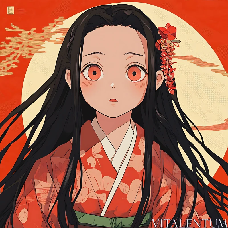 Red-Eyed Anime Girl in Traditional Japanese Attire AI Image