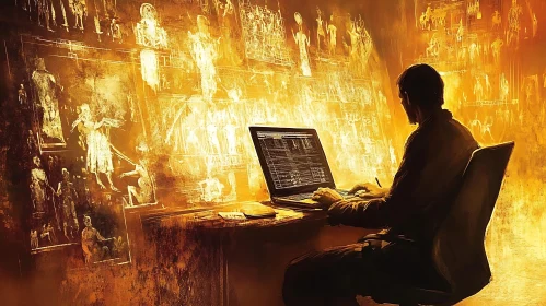 Man Coding with Ancient Wall Art