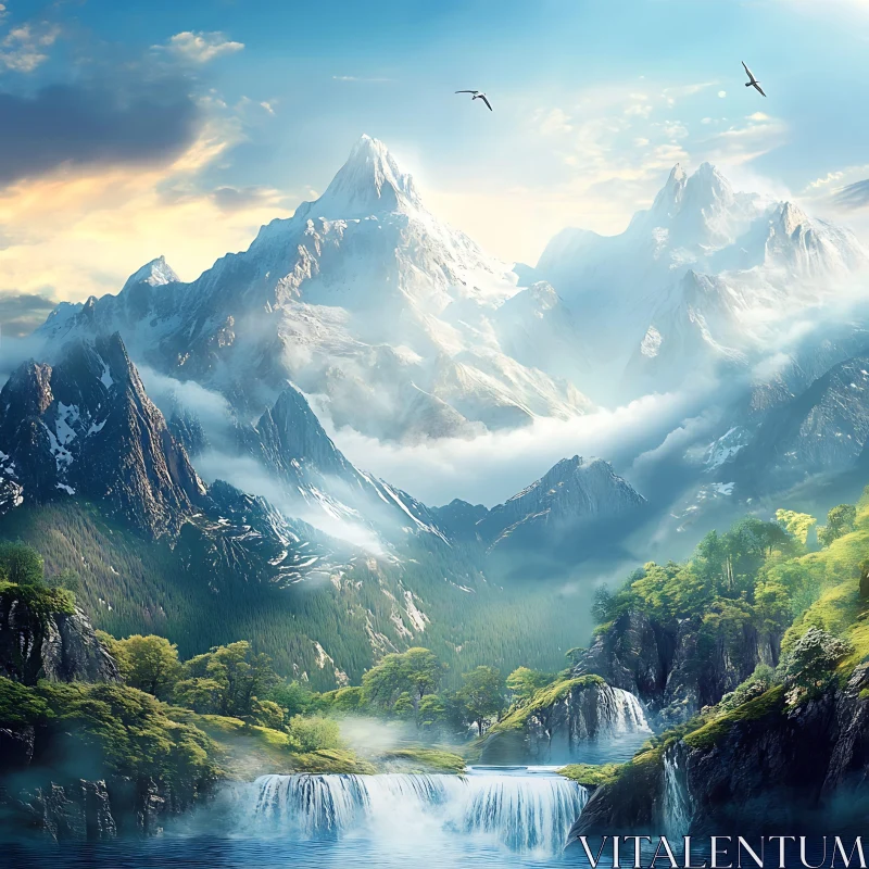 Serene Mountain Landscape with Cascading Water AI Image