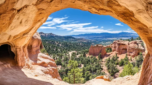 View from Cave with Forest and Rocky Landscape