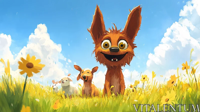 Happy Cartoon Animals in a Blooming Field AI Image