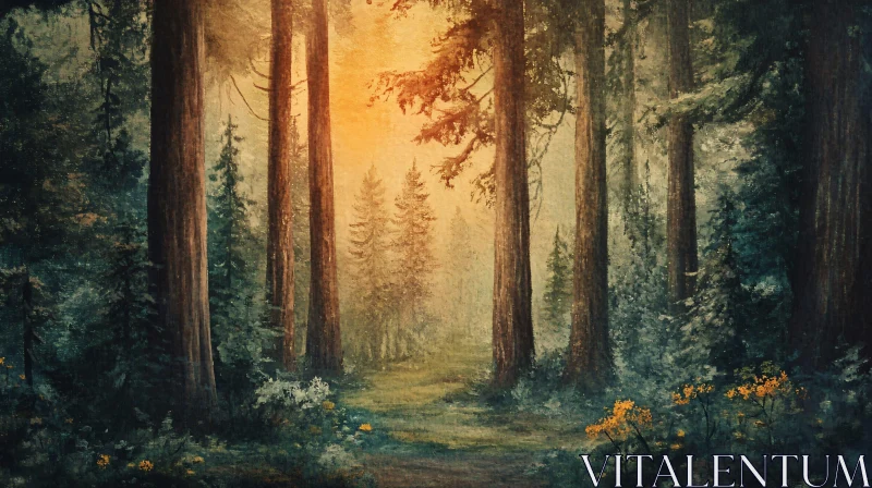 AI ART Tranquil Sunrise in a Dense Forest