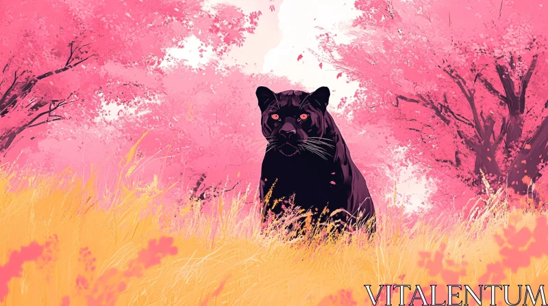 Black Panther Among Pink Blossoms AI Image