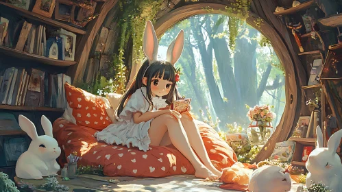 Anime Girl with Bunny Ears Reading