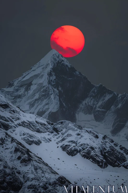 Snowy Peaks under a Crimson Sun AI Image