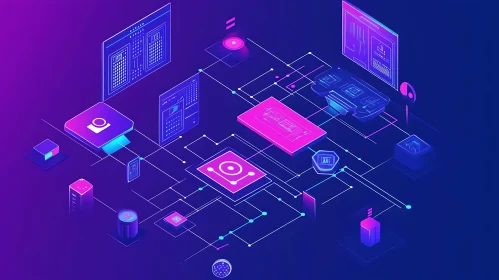 Isometric Network with Neon Accents